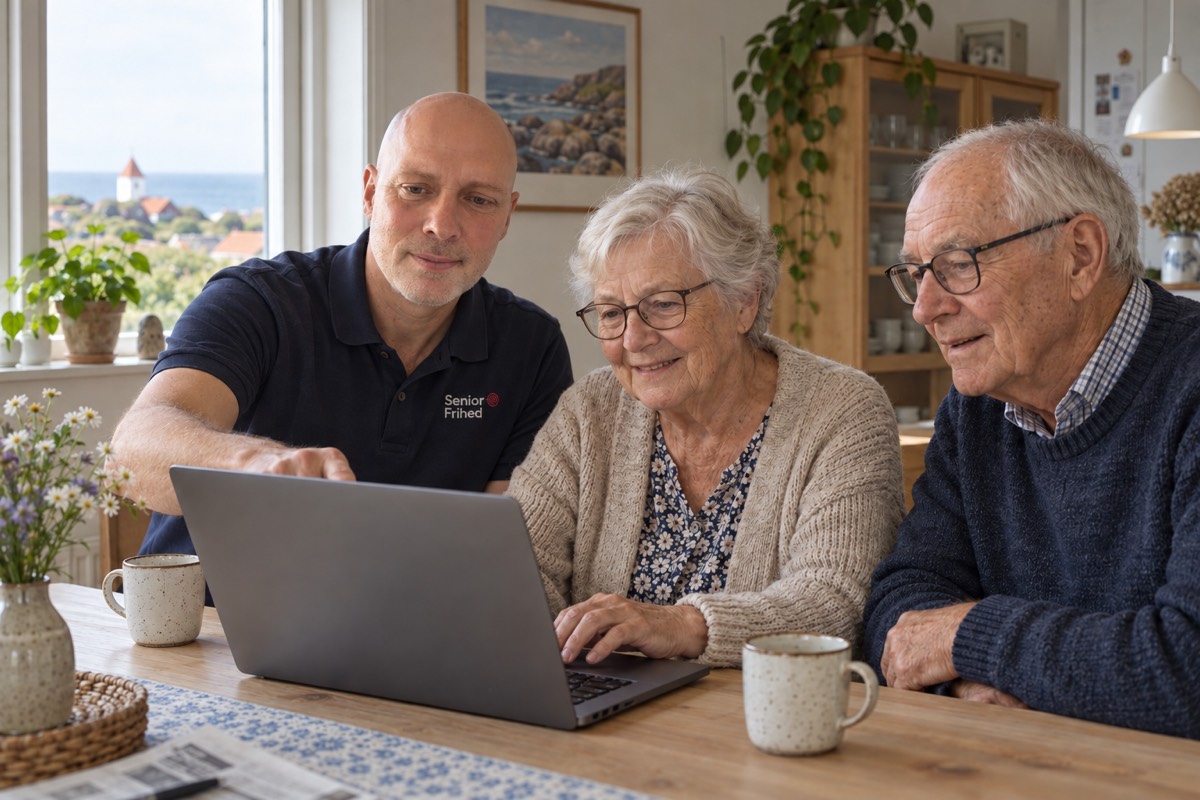Illustration af Morten, der sidder med et ældre par og hjælper dem ved computeren.
